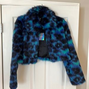 Blue leopard faux fur coat